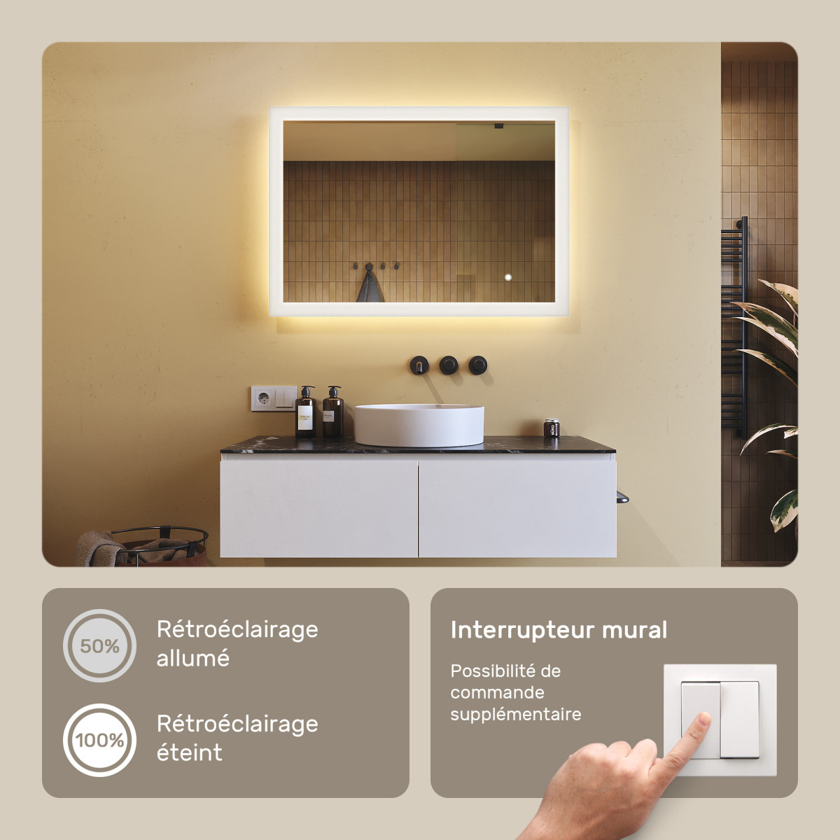 100x70 cm Miroir de salle de bain rectangulaire avec éclairage LED 100x70cm avec Dual colour, Touch switch