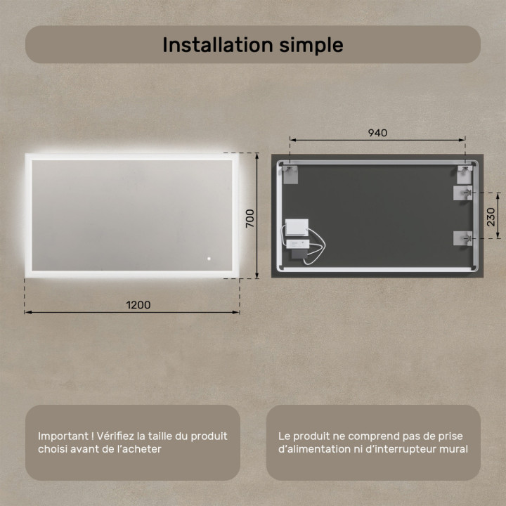 120x70 cm Miroir de salle de bain rectangulaire avec éclairage LED 120x70cm avec Dual colour, Touch switch