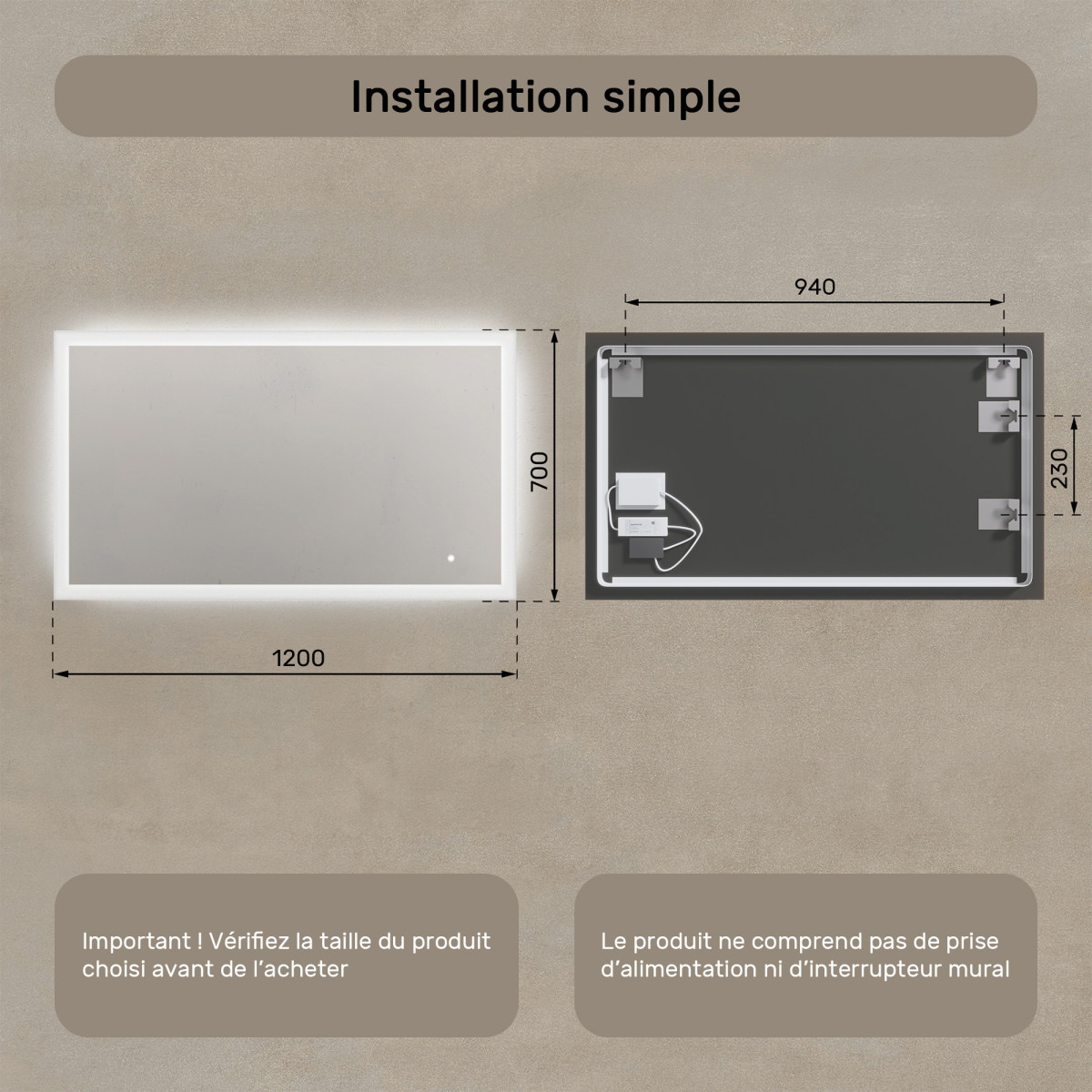 120x70 cm Miroir de salle de bain rectangulaire avec éclairage LED 120x70cm avec Dual colour, Touch switch
