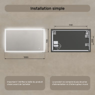 120x70 cm Miroir de salle de bain rectangulaire avec éclairage LED 120x70cm avec Dual colour, Touch switch