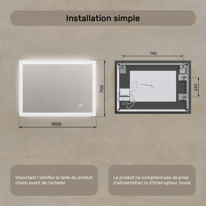 100x70 cm Miroir de salle de bain rectangulaire avec éclairage LED 100x70cm avec Dual colour, Touch switch, Tapis chauffant