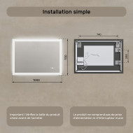 100x70 cm Miroir de salle de bain rectangulaire avec éclairage LED 100x70cm avec Dual colour, Touch switch, Tapis chauffant