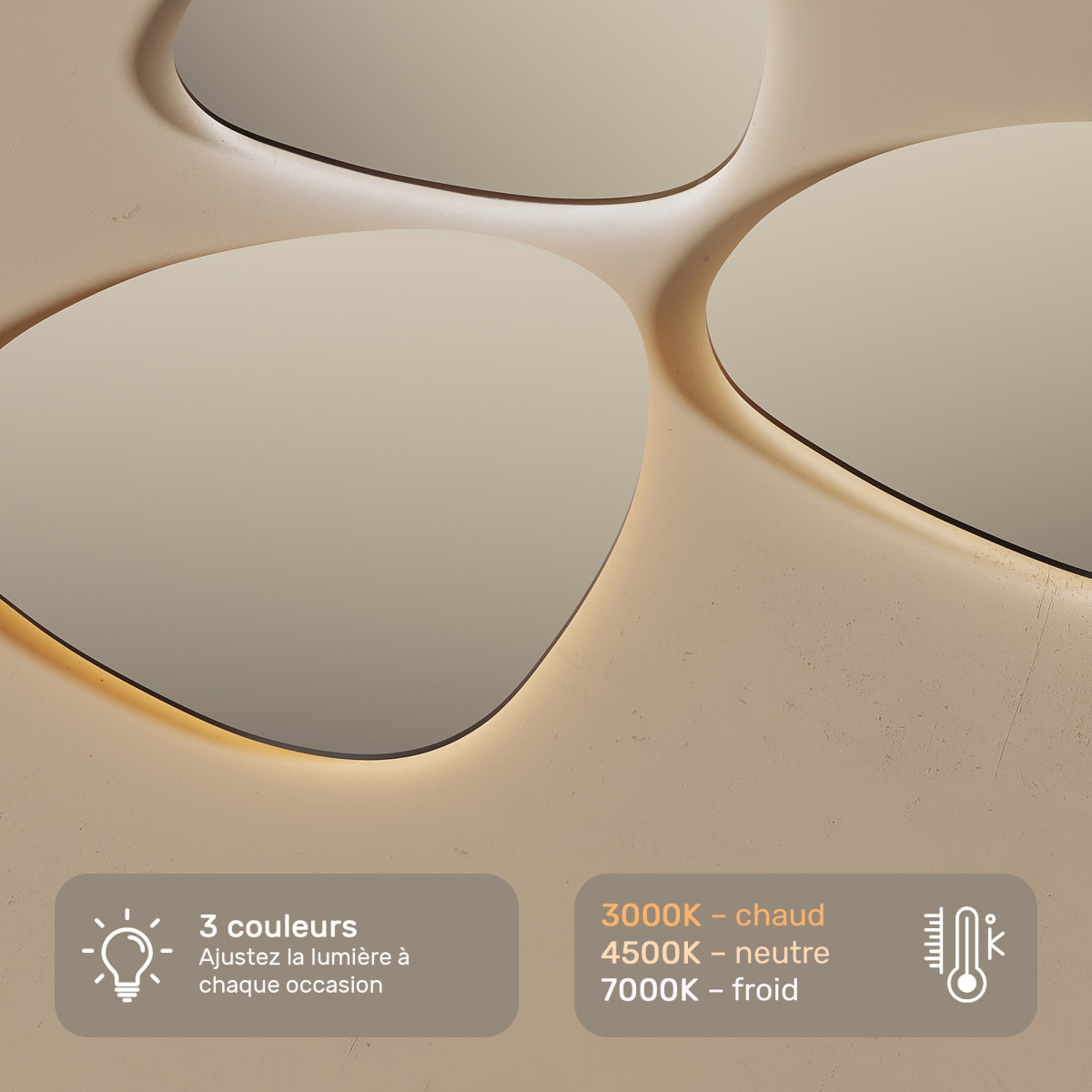 84x74 cm Miroir de salle de bain avec éclairage, 84x74cm, Dual colour, Touch switch