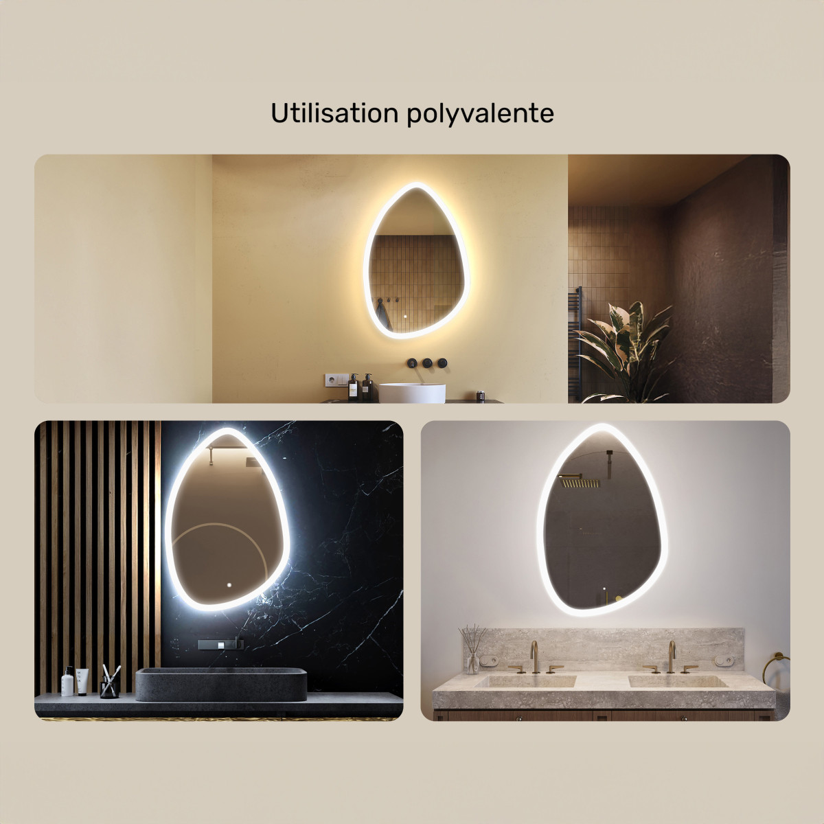 64x94 cm Miroir irrégulier avec éclairage, 64x94cm, Bicolore, Interrupteur tactile