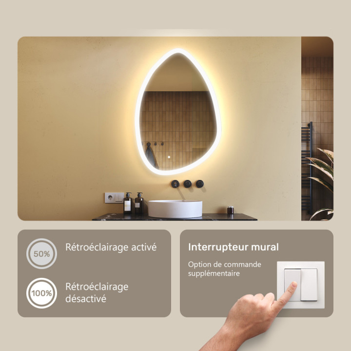 64x94 cm Miroir irrégulier avec éclairage, 64x94cm, Bicolore, Interrupteur tactile