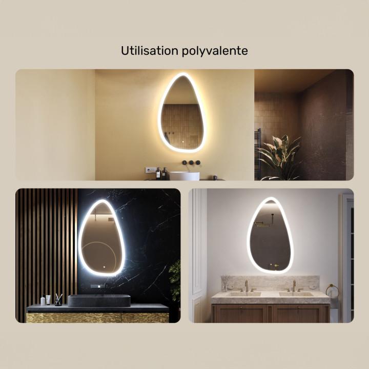 64x104 cm Miroir irrégulier avec éclairage, 64x104cm, Bicolore, Interrupteur tactile