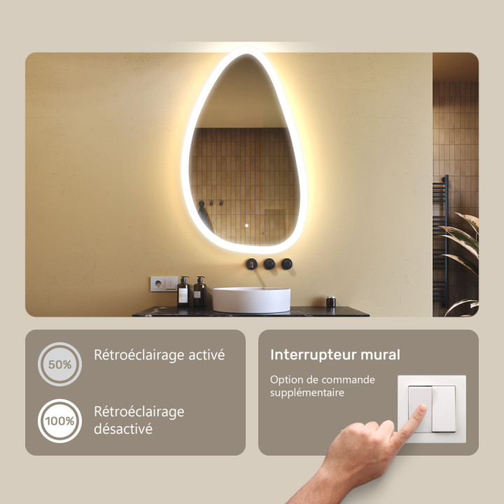 64x104 cm Miroir irrégulier avec éclairage, 64x104cm, Bicolore, Interrupteur tactile