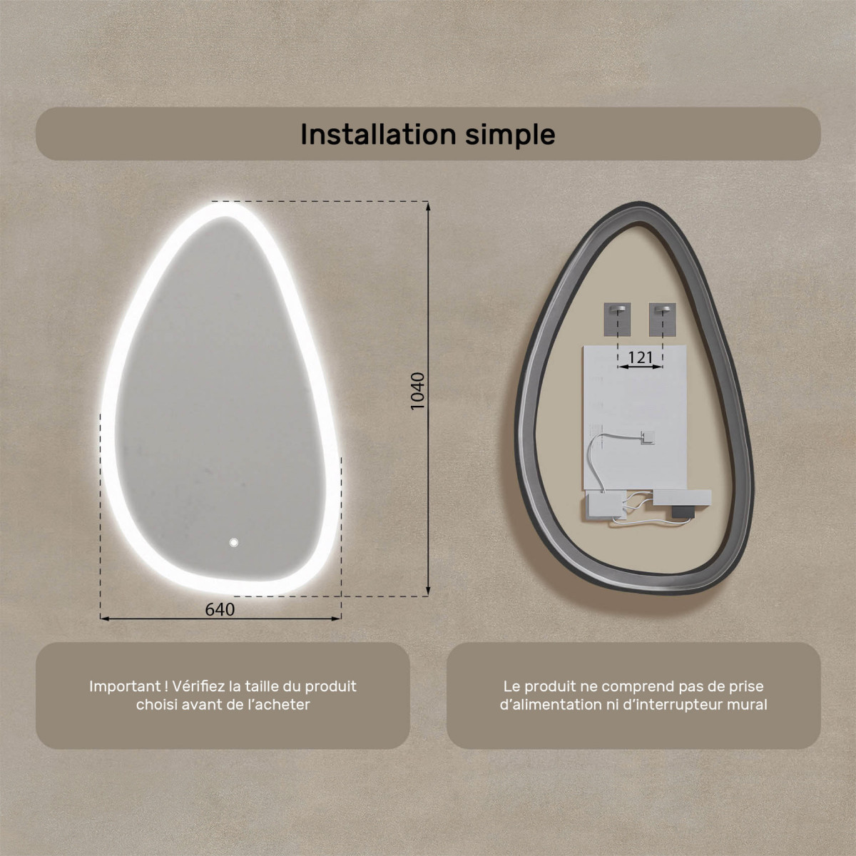 64x104 cm Miroir irrégulier avec éclairage, 64x104cm, Bicolore, Interrupteur tactile