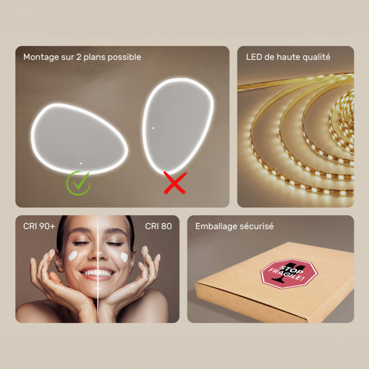 114x84 cm Miroir irrégulier avec éclairage, 114x84cm, Bicolore, Interrupteur tactile