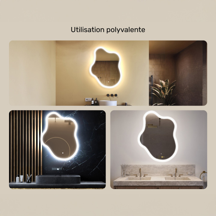 74x94 cm Miroir irrégulier avec éclairage, 74x94cm, Bicolore, Interrupteur tactile