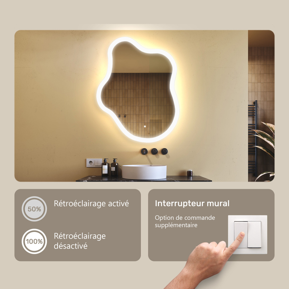 74x94 cm Miroir irrégulier avec éclairage, 74x94cm, Bicolore, Interrupteur tactile