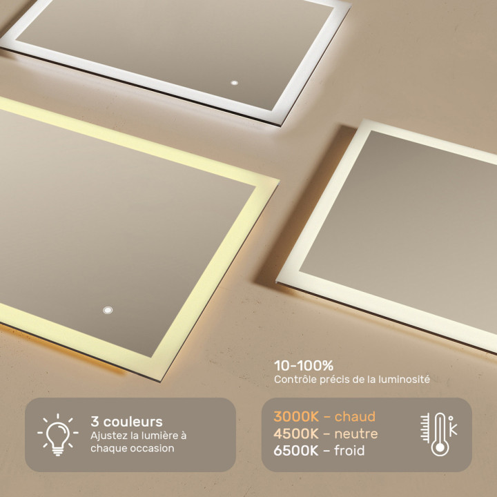 80x60 cm Miroir de salle de bain arrondi avec éclairage LED, 80x60cm, Bicolore, Interrupteur tactile