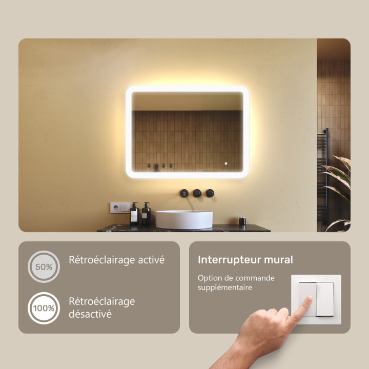 80x60 cm Miroir de salle de bain arrondi avec éclairage LED, 80x60cm, Bicolore, Interrupteur tactile