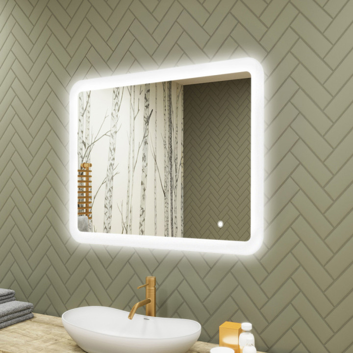 80x60 cm Miroir de salle de bain arrondi avec éclairage LED, 80x60cm, Bicolore, Interrupteur tactile