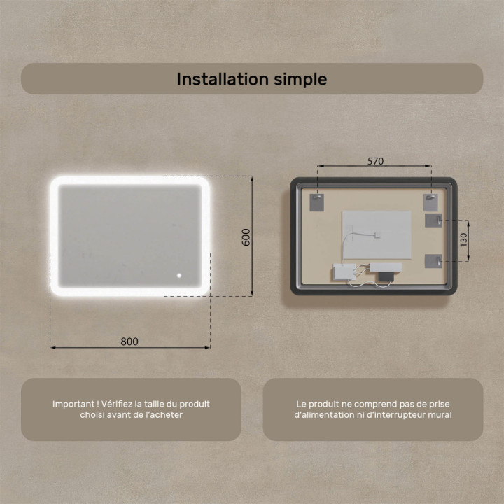 80x60 cm Miroir de salle de bain arrondi avec éclairage LED, 80x60cm, Bicolore, Interrupteur tactile