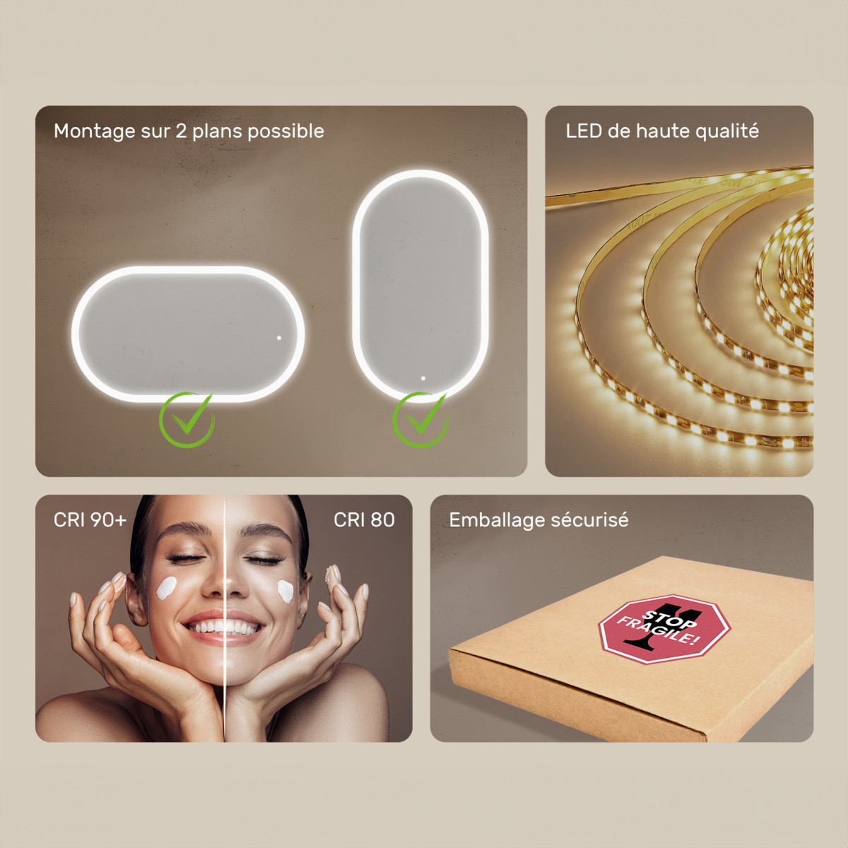 120x70 cm Miroir de salle de bain éclairé, 120x70cm, Bicolore, Interrupteur à effleurement