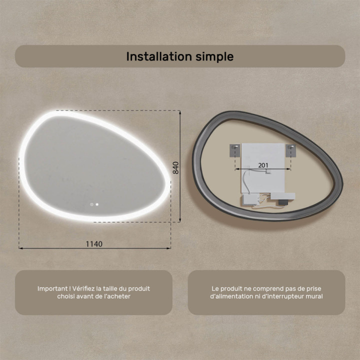 114x84 cm Miroir irrégulier avec illumination, 114x84cm, Dual colour, Touch switch, heating mat