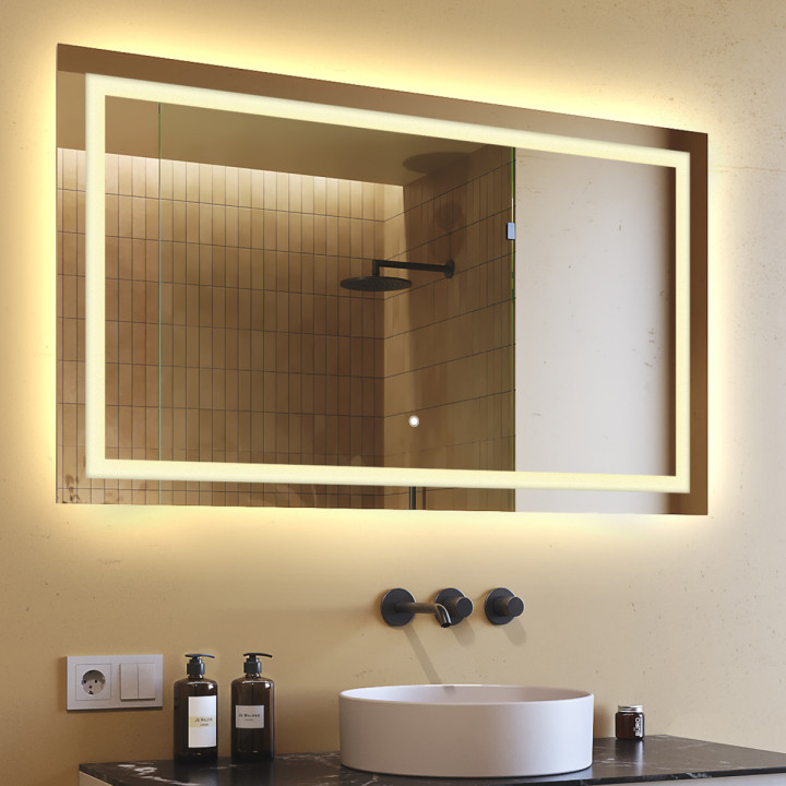 120x70 cm Miroir de salle de bain rectangulaire 120x70cm avec interrupteur tactile, couleur chaude 3000K