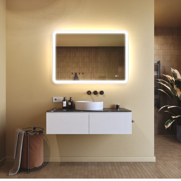 100x70 cm Miroir de salle de bain arrondi avec éclairage LED, 100x70cm, Bicolore, Interrupteur tactile, Couverture chauffante