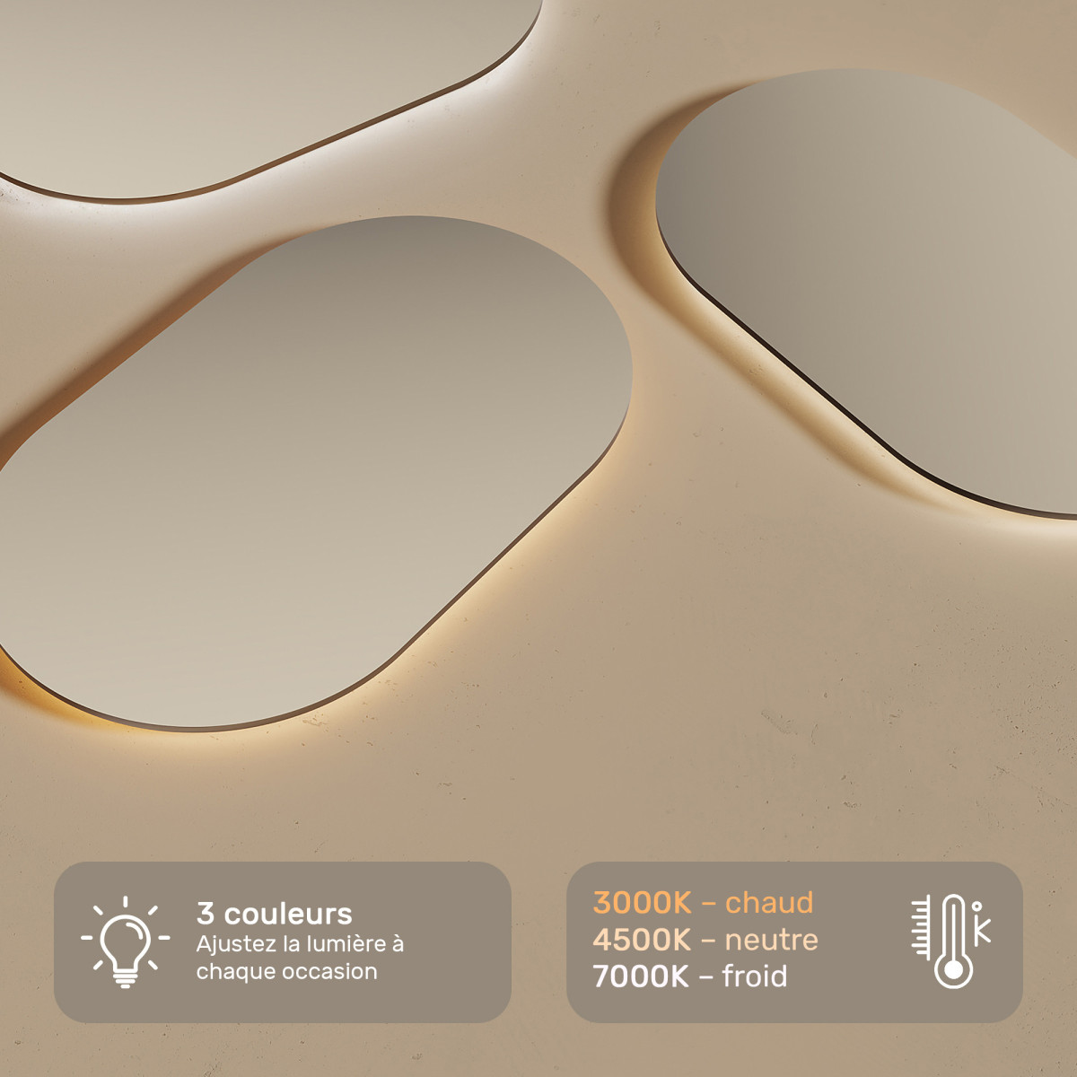 Miroir ovale LED 80 × 50 cm pour salle de bains avec commande tactile et fonction antibuée Couverture chauffante