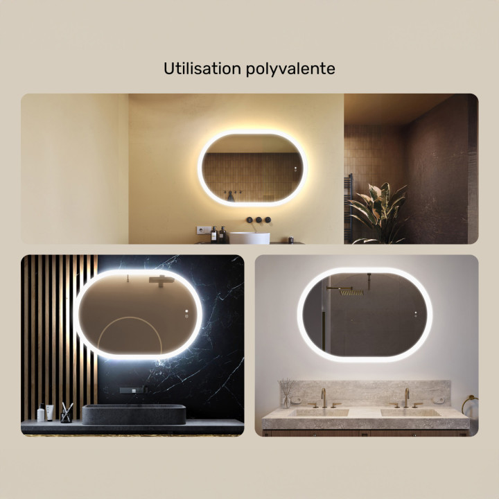 Miroir ovale LED 100 × 70 cm pour salle de bains avec commande tactile et fonction antibuée