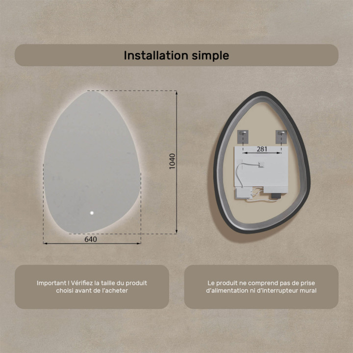 64x94 cm Miroir irrégulier avec éclairage, 64x94cm, Bicolore, Interrupteur tactile