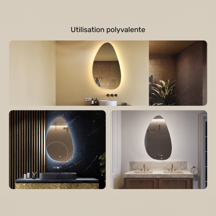 64x104 cm Miroir irrégulier avec éclairage, 64x104cm, Bicolore, Interrupteur tactile