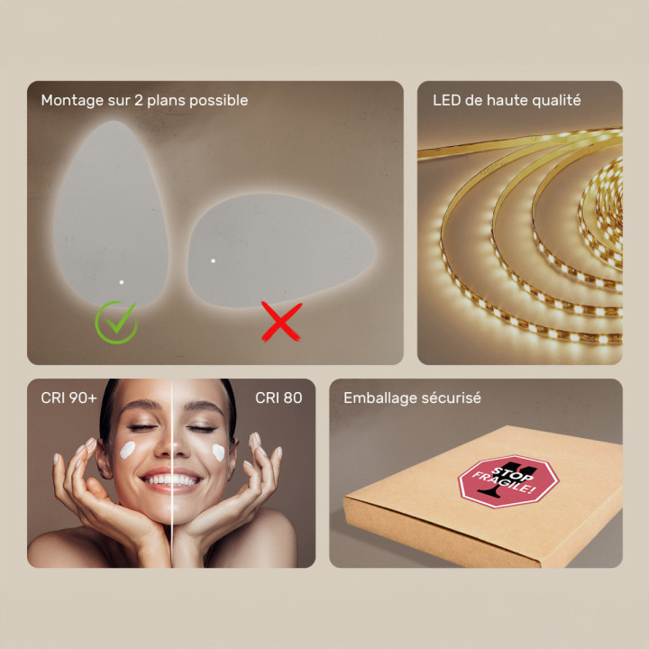 64x104 cm Miroir irrégulier avec éclairage, 64x104cm, Bicolore, Interrupteur tactile