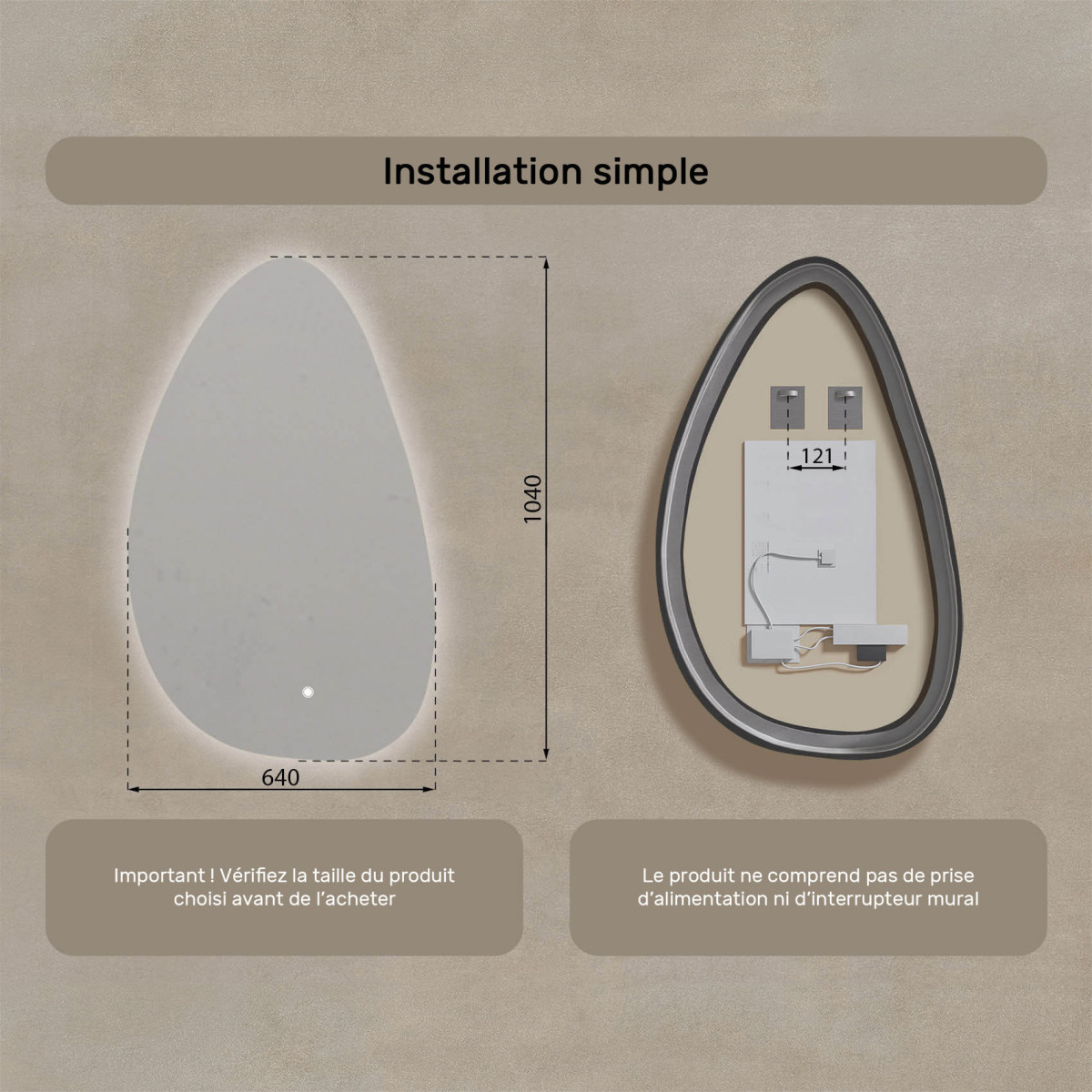 64x104 cm Miroir irrégulier avec éclairage, 64x104cm, Bicolore, Interrupteur tactile