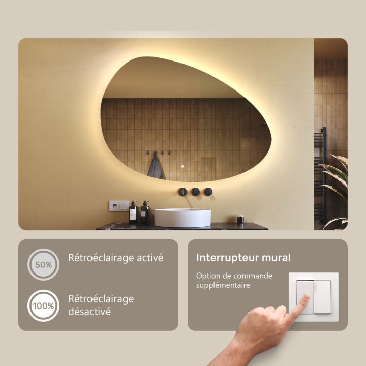 114x84 cm Miroir irrégulier avec éclairage, 114x84cm, Bicolore, Interrupteur tactile