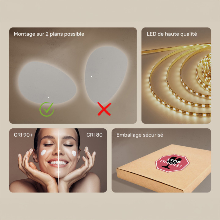 114x84 cm Miroir irrégulier avec éclairage, 114x84cm, Bicolore, Interrupteur tactile