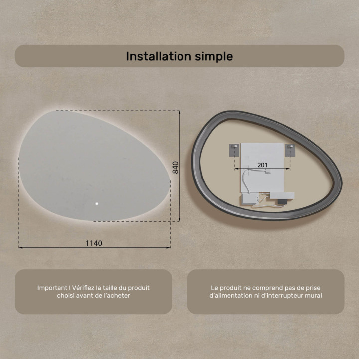 114x84 cm Miroir irrégulier avec éclairage, 114x84cm, Bicolore, Interrupteur tactile