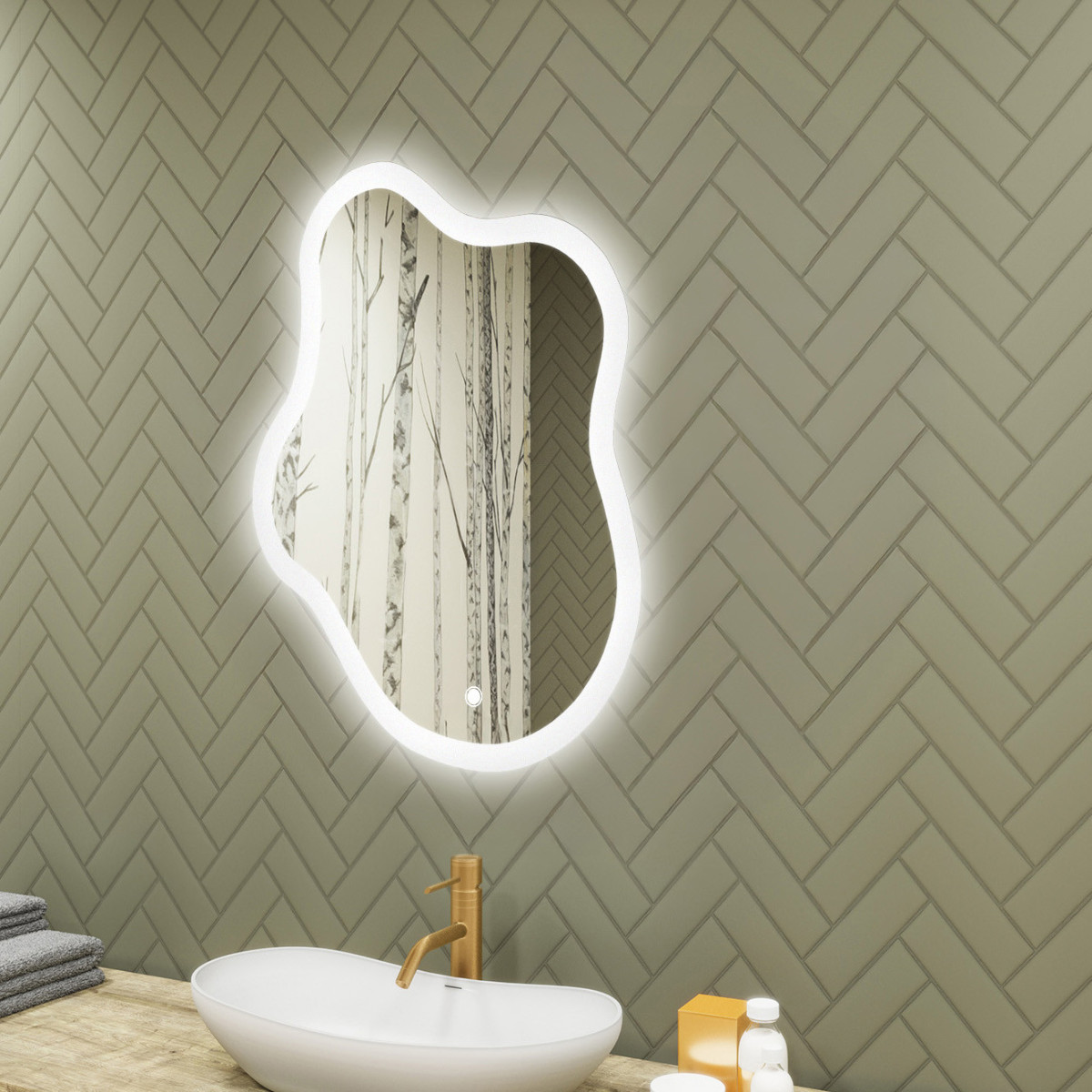 74x94 cm Miroir irrégulier avec éclairage, 74x94cm, Bicolore, Interrupteur tactile