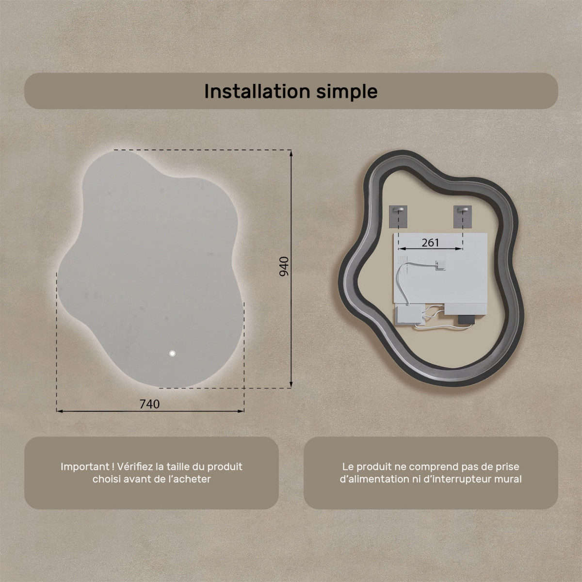 74x94 cm Miroir irrégulier avec éclairage, 74x94cm, Bicolore, Interrupteur tactile