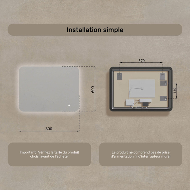 80x60 cm Miroir de salle de bain arrondi avec éclairage LED, 80x60cm, Bicolore, Interrupteur tactile