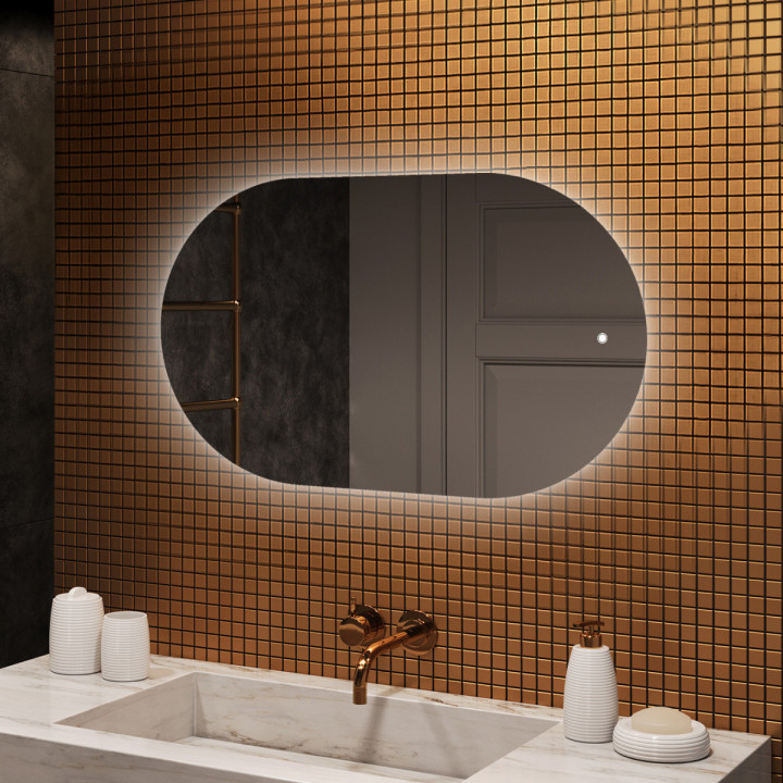 80x50 cm Miroir de salle de bain éclairé, 80x50cm, Bicolore, Interrupteur à effleurement