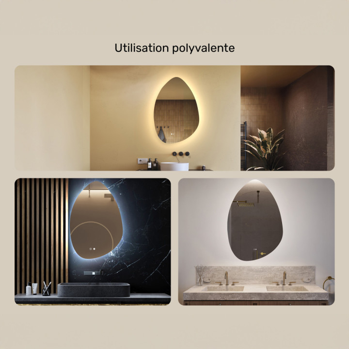 64x94 cm Miroir irrégulier avec éclairage, 64x94cm, Bicolore, Interrupteur tactile, Tapis chauffant