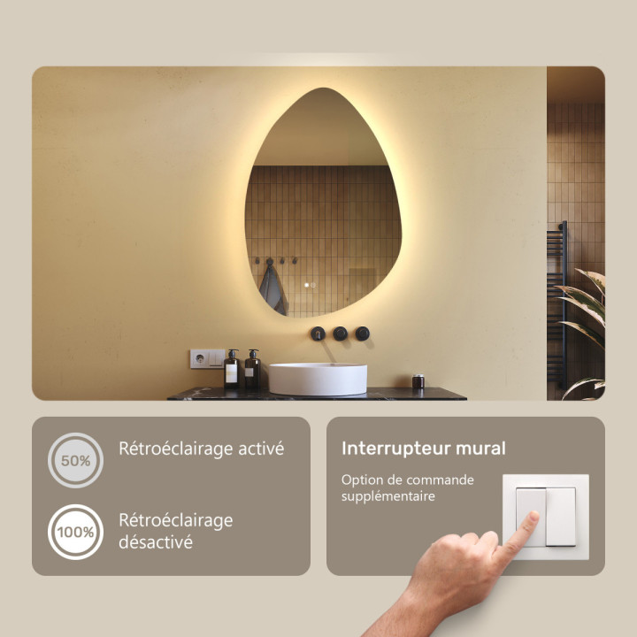 64x94 cm Miroir irrégulier avec éclairage, 64x94cm, Bicolore, Interrupteur tactile, Tapis chauffant