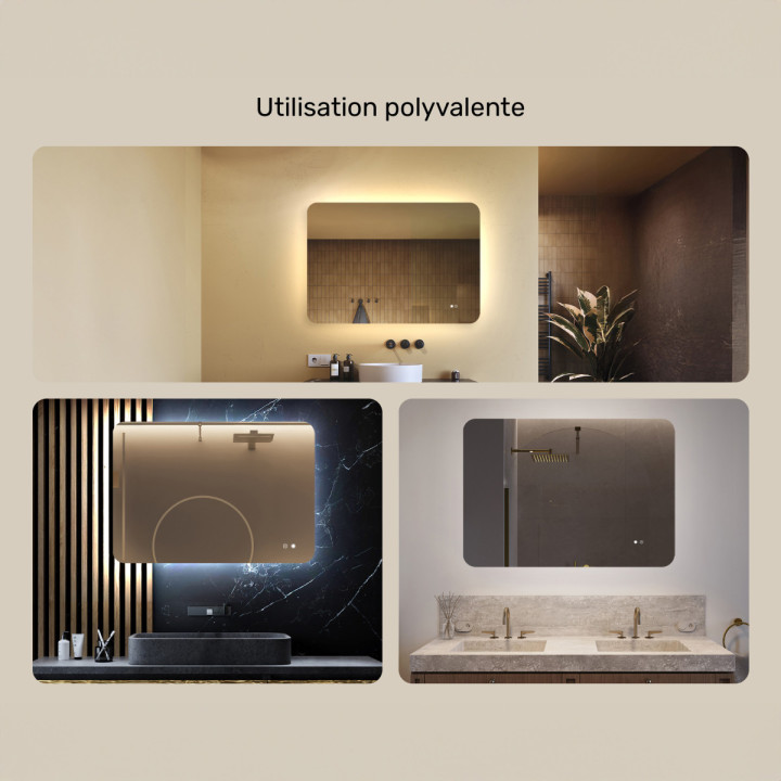 100x70 cm Miroir de salle de bain arrondi avec éclairage LED, 100x70cm, Bicolore, Interrupteur tactile, Couverture chauffante