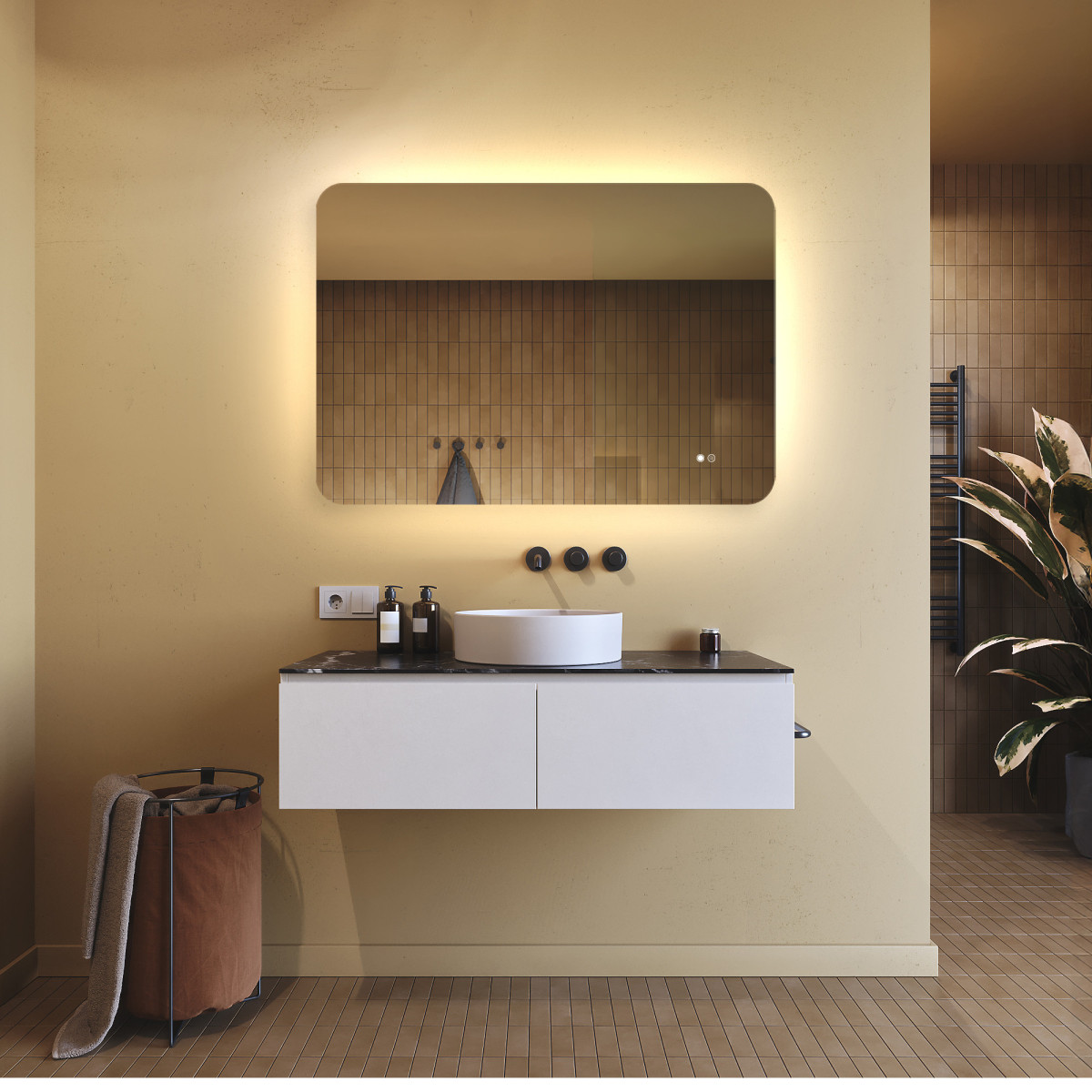 100x70 cm Miroir de salle de bain arrondi avec éclairage LED, 100x70cm, Bicolore, Interrupteur tactile, Couverture chauffante