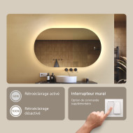 120x70 cm Miroir lumineux pour la salle de bain, 120x70cm, Bicolore, Interrupteur tactile, Tapis chauffant