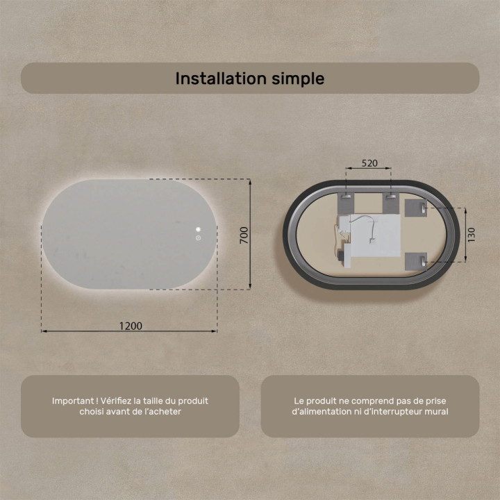 120x70 cm Miroir lumineux pour la salle de bain, 120x70cm, Bicolore, Interrupteur tactile, Tapis chauffant