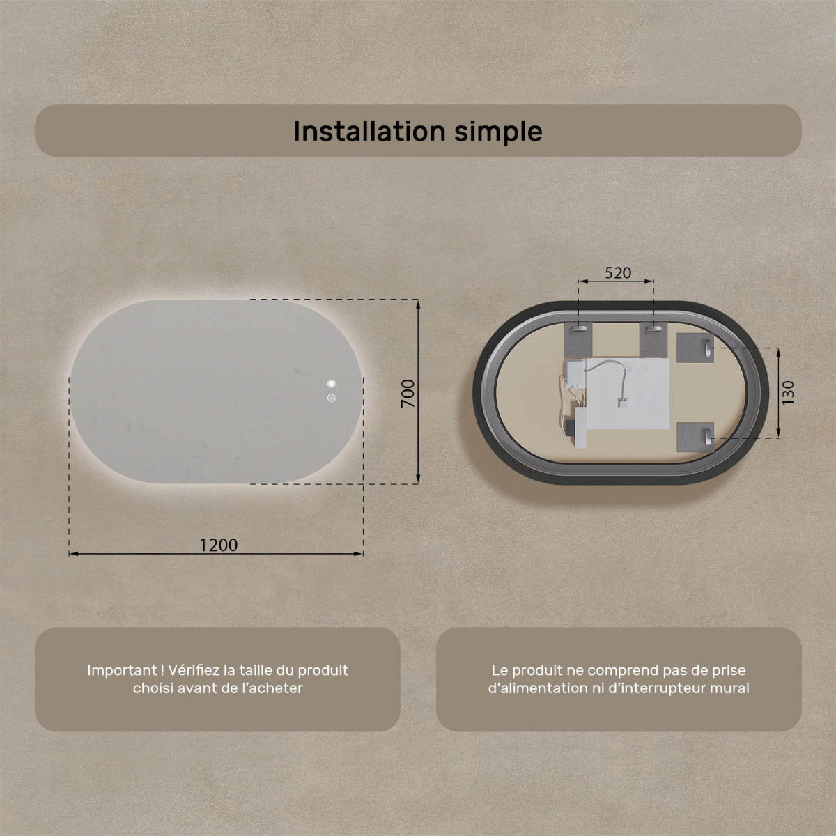 120x70 cm Miroir lumineux pour la salle de bain, 120x70cm, Bicolore, Interrupteur tactile, Tapis chauffant