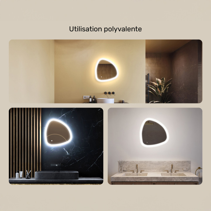 54x54 cm Miroir irrégulier éclairé, 54x54cm, Bicolore, Interrupteur tactile, Tapis chauffant