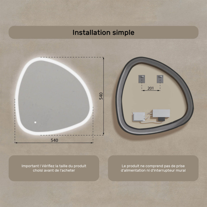 54x54 cm Miroir irrégulier éclairé, 54x54cm, Bicolore, Interrupteur tactile, Tapis chauffant