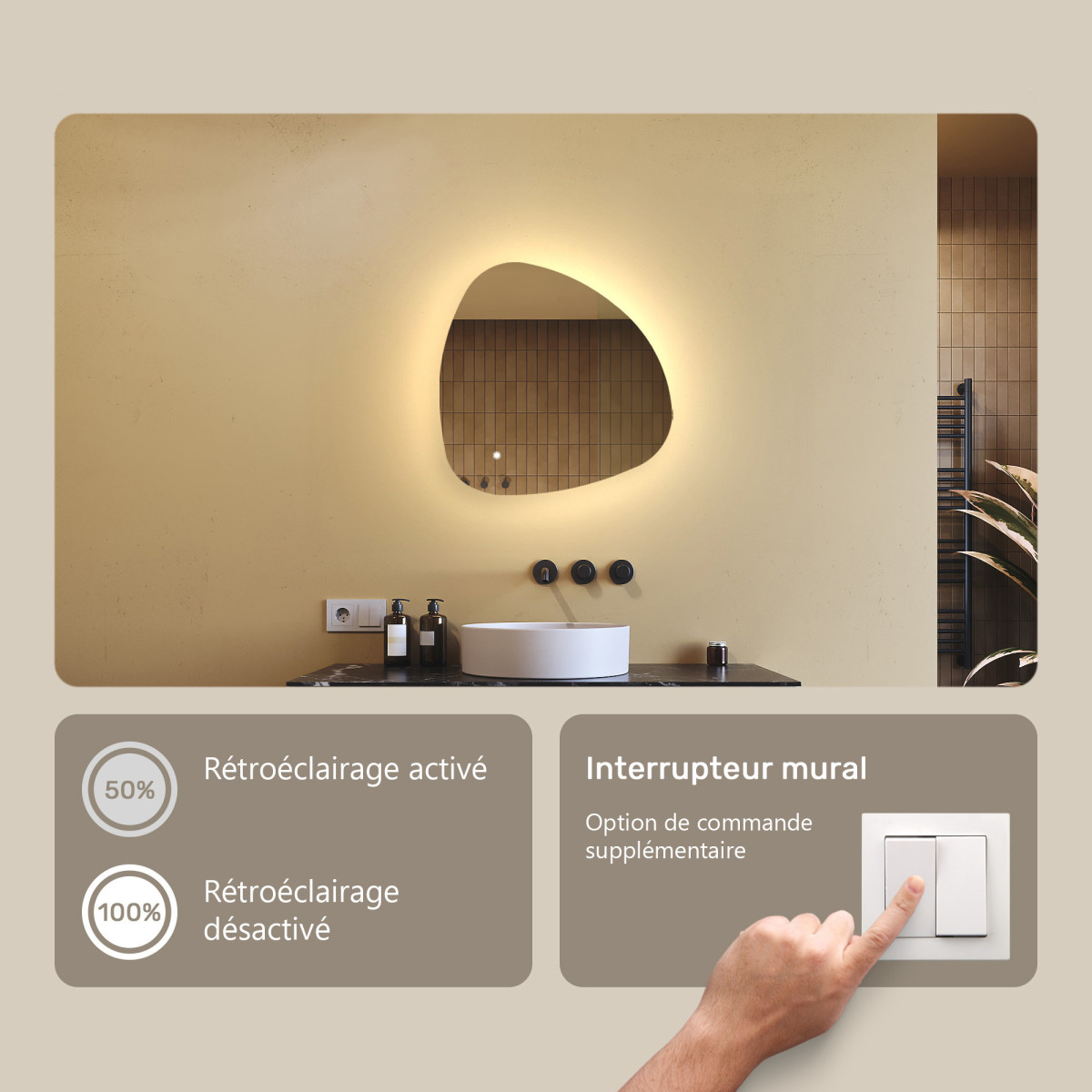 54x54 cm Miroir irrégulier avec éclairage, 54x54cm, Bicolore, Interrupteur tactile