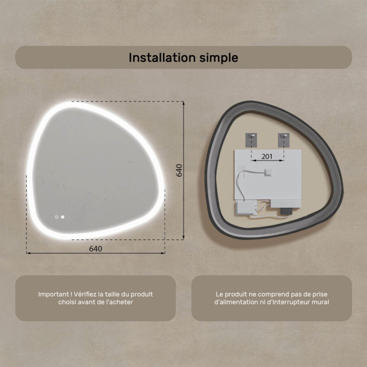 64x64 cm Miroir irrégulier avec éclairage, 64x64cm, Bicolore, Interrupteur sensitif, Tapis chauffant
