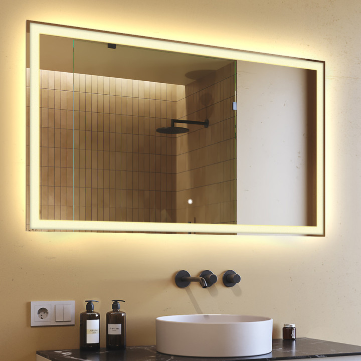 120x70 cm Miroir de salle de bain rectangulaire 120x70cm avec interrupteur tactile, couleur chaude 3000K
