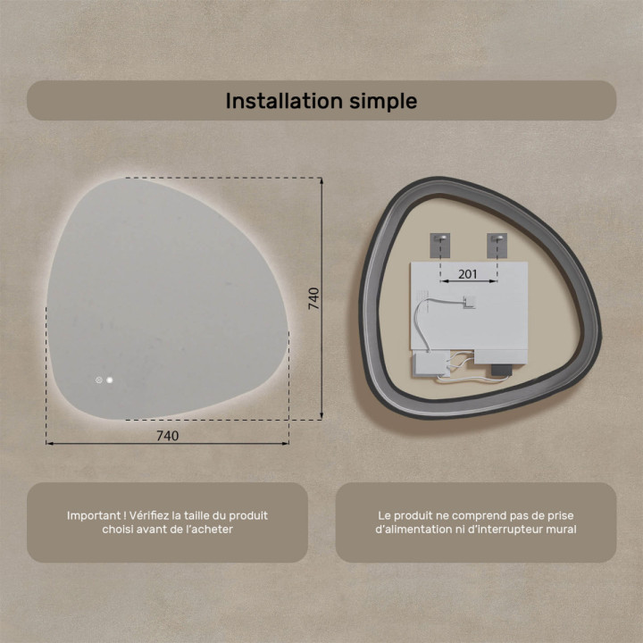 74x74 cm Miroir irrégulier avec éclairage, 74x74cm, Bicolore, Interrupteur tactile, Tapis chauffant