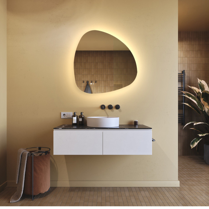 74x74 cm Miroir irrégulier avec éclairage, 74x74cm, Bicolore, Interrupteur tactile, Tapis chauffant